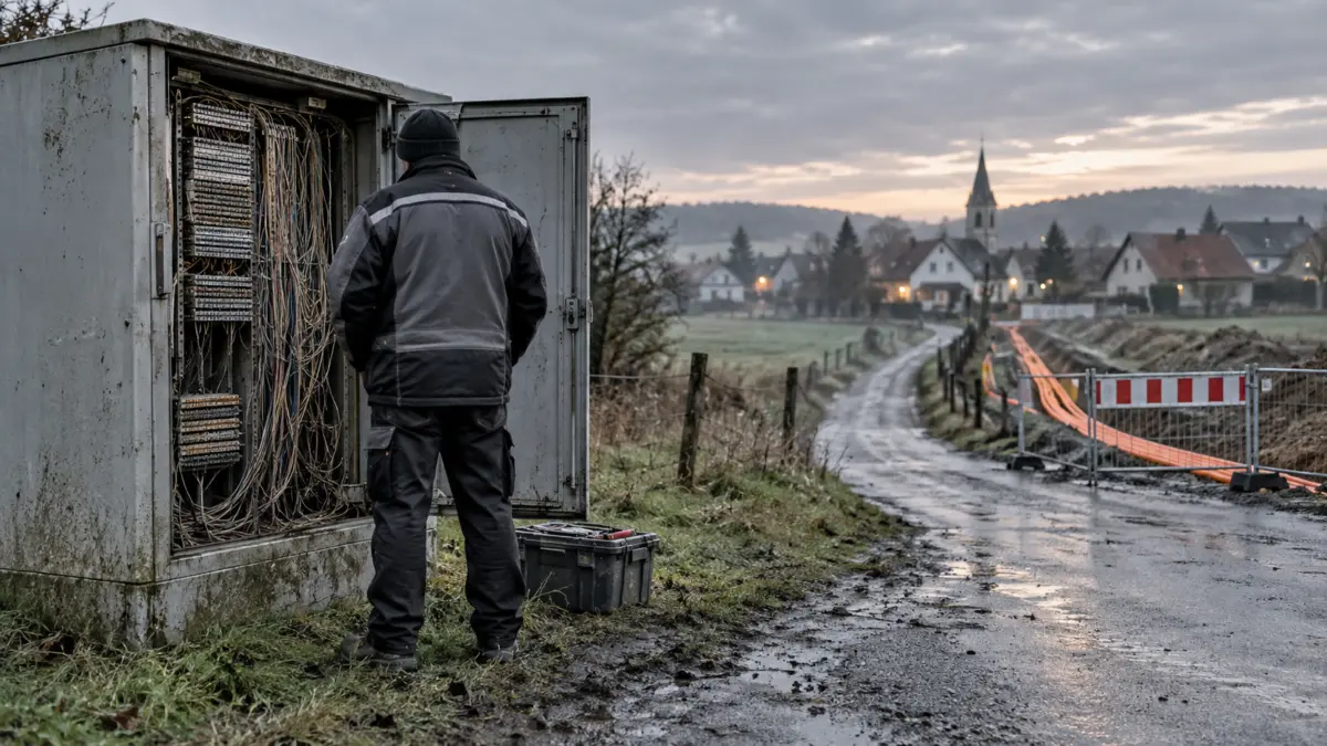 Techniker vor einem veralteten Telekommunikationskasten am Rand eines deutschen Dorfes