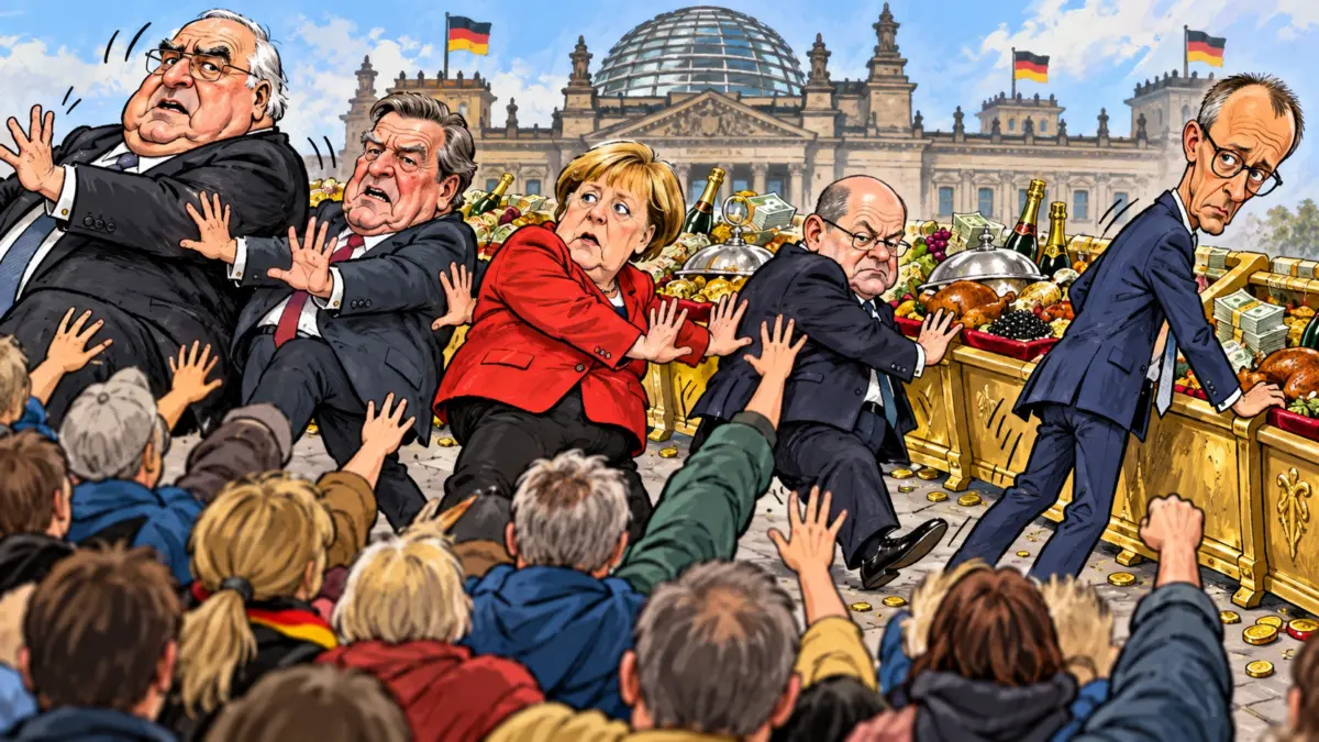 Karikatur von Kohl, Schröder, Merkel, Scholz und Merz, die von politischen Futtertrögen verdrängt werden