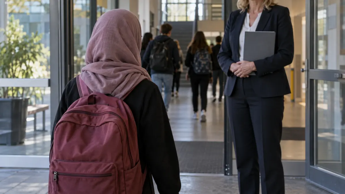 Schülerin mit Kopftuch betritt eine Schule und trifft dort auf eine Mitarbeiterin