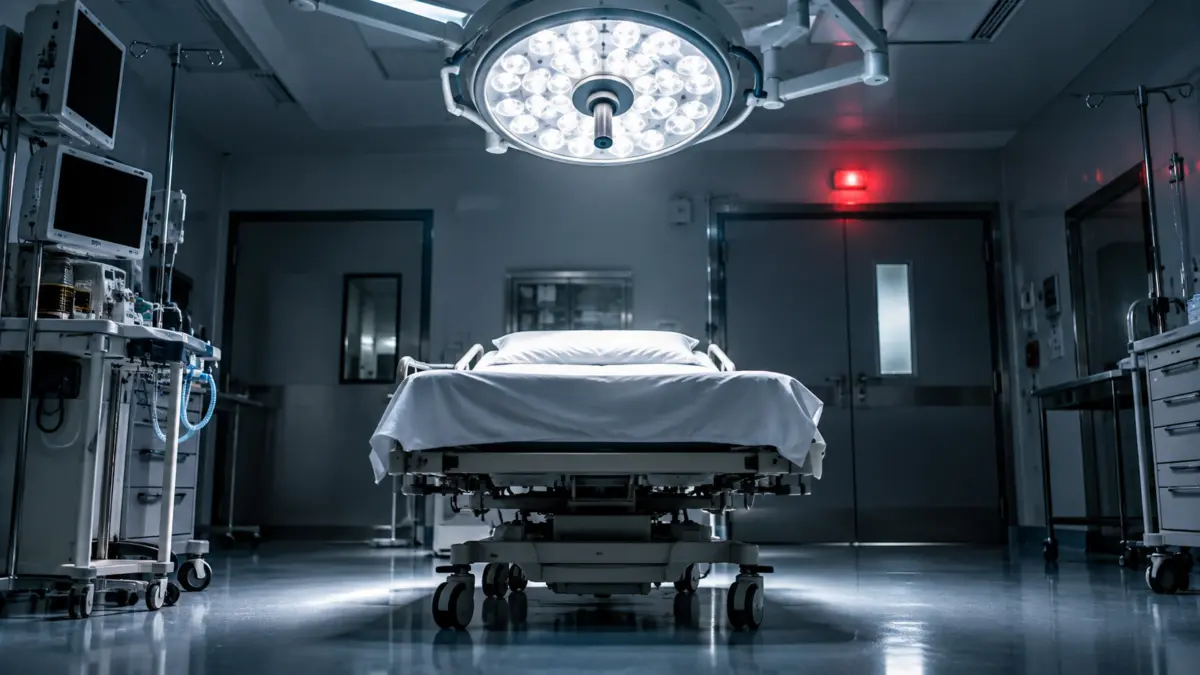 Leeres Krankenhausbett unter einer Operationsleuchte in einem klinischen Behandlungsraum
