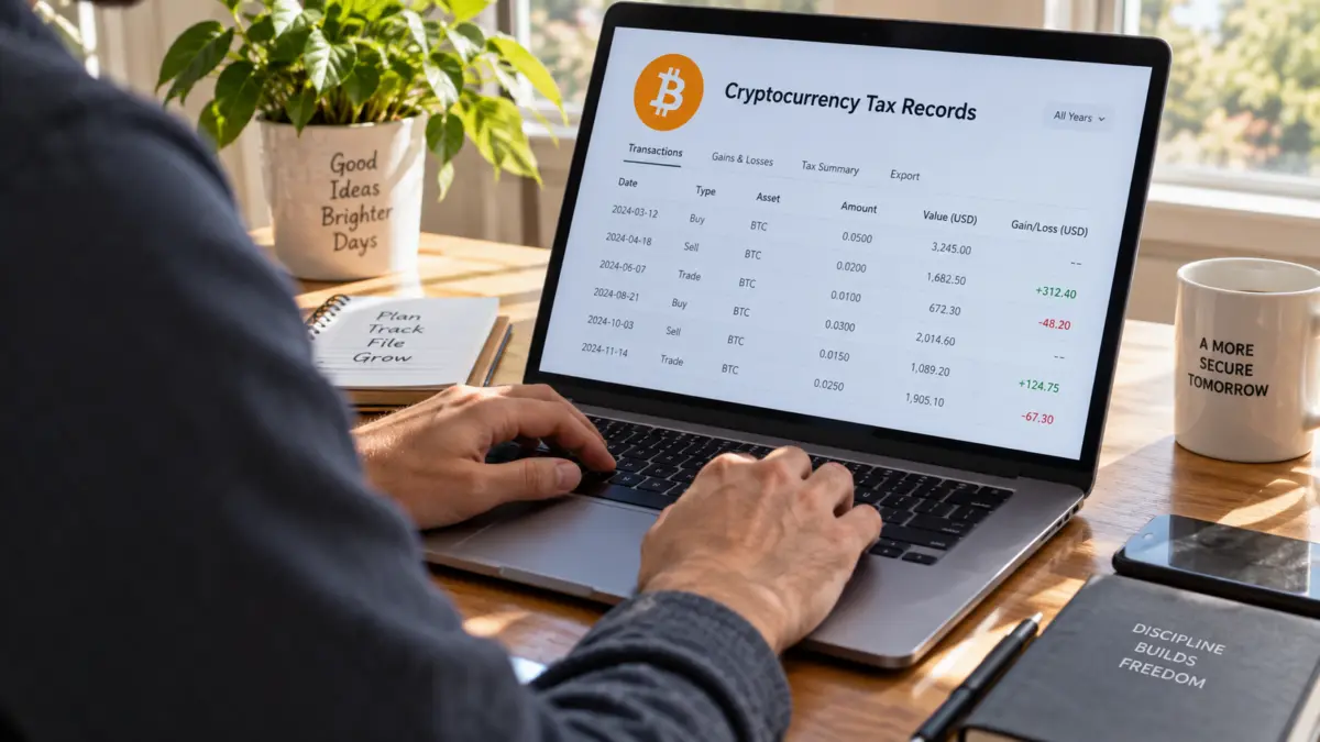 Eine Person prüft Krypto-Unterlagen am Laptop