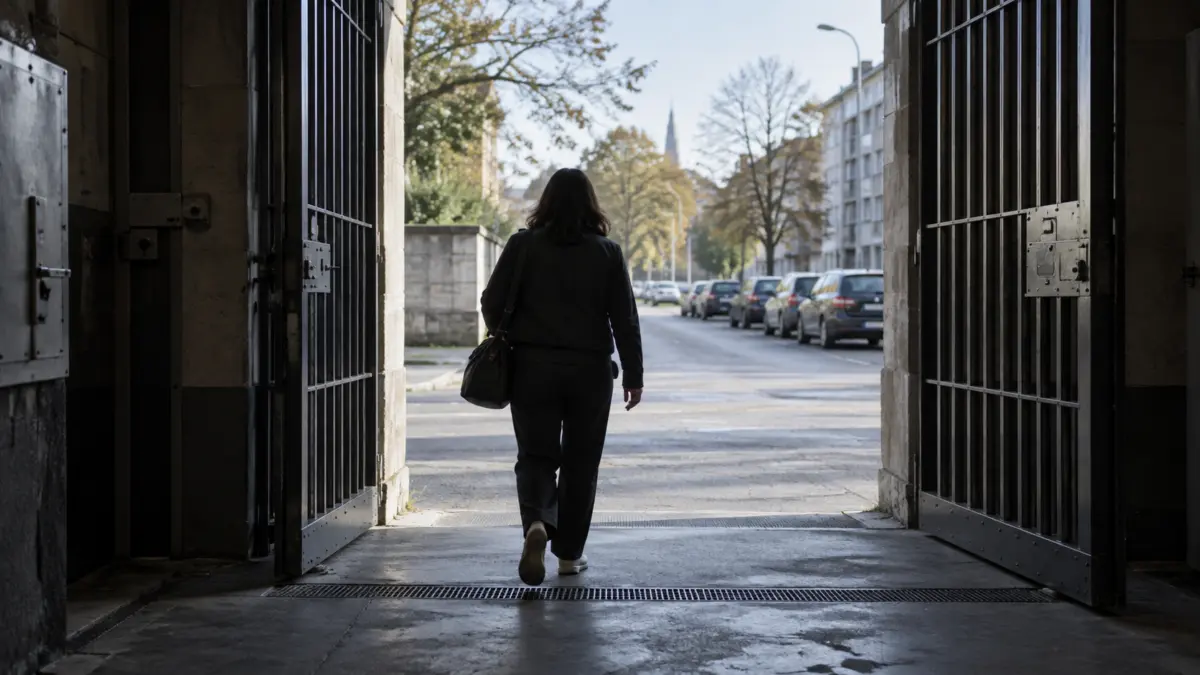 Eine Frau verlässt durch ein geöffnetes Gefängnistor die Haftanstalt