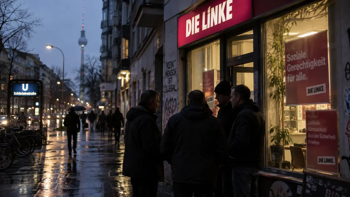 Mehrere unkenntliche Männer vor einem Linke-Bürgerbüro in Berlin am Abend