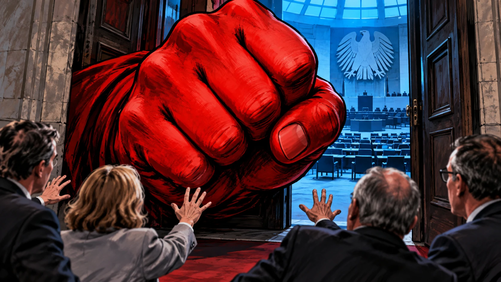 Karikatur einer riesigen roten Faust, die den Zugang zu einem Parlament blockiert.