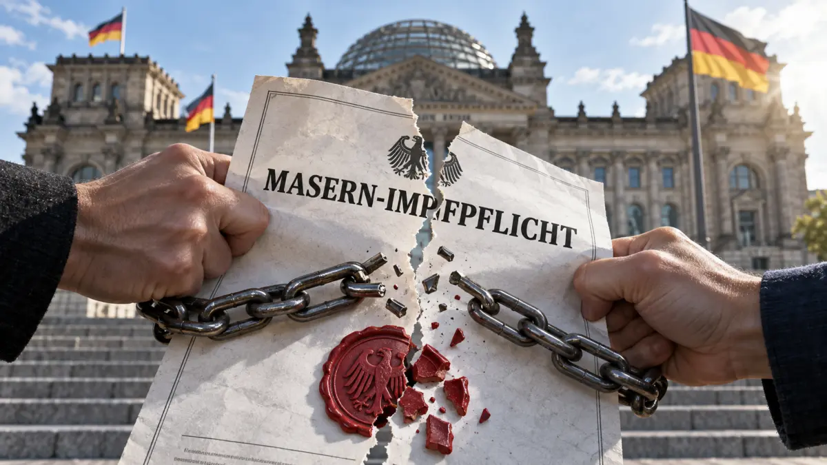 Ein Dokument mit der Aufschrift Masern-Impfpflicht wird vor dem Bundestag zerrissen