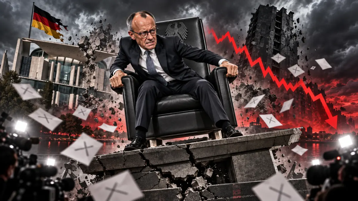 KI-generierte Karikatur von Friedrich Merz, der sich an einen Kanzlerstuhl klammert