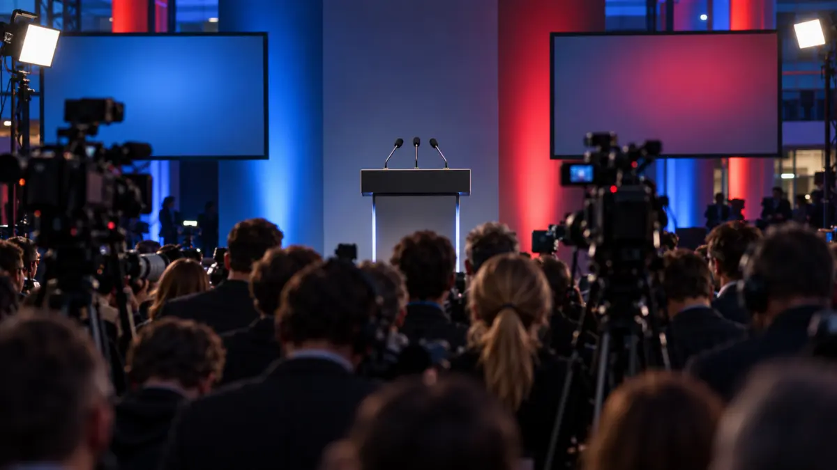Leeres Rednerpult vor Fernsehkameras am Wahlabend