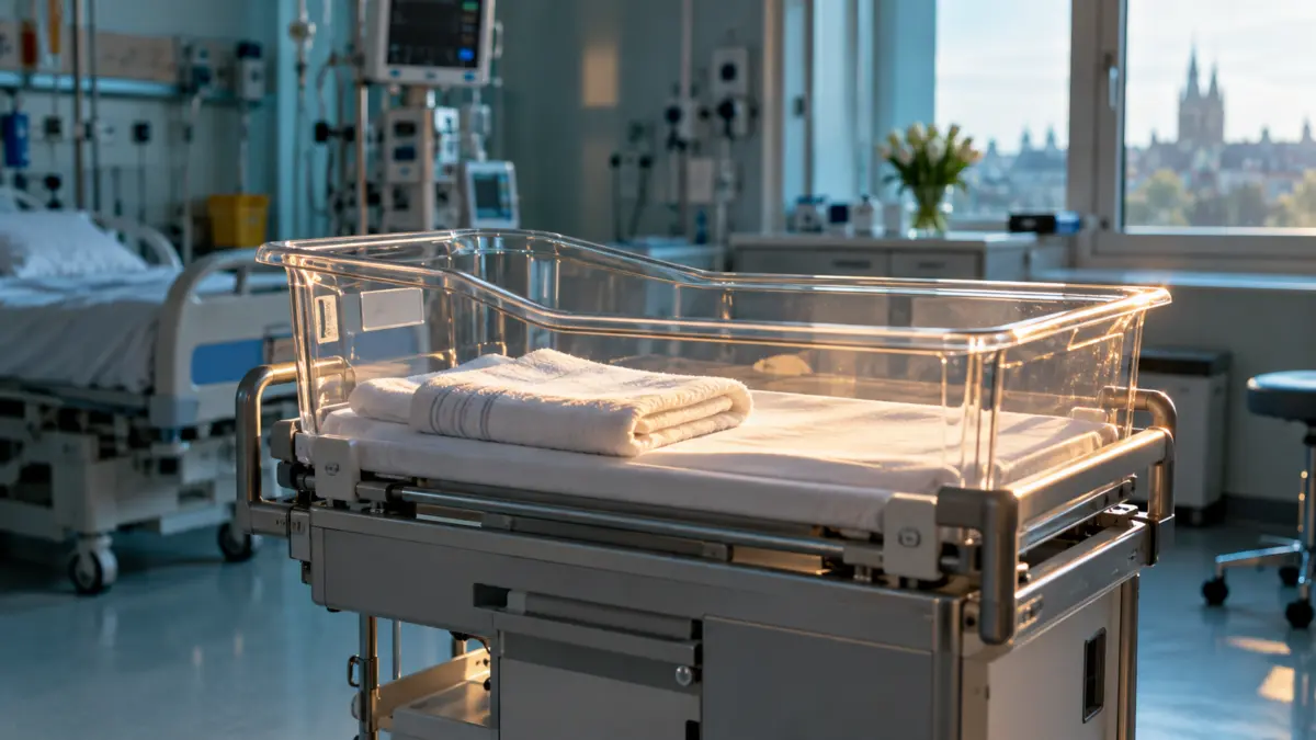 Leeres Neugeborenenbett in einem Krankenhauszimmer