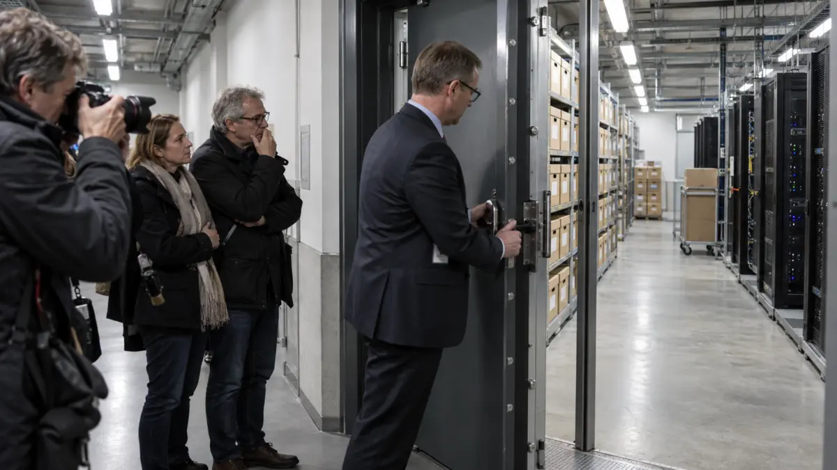 Ein Behördenmitarbeiter öffnet vor Bürgern und Presse einen gesicherten Archiv- und Serverraum
