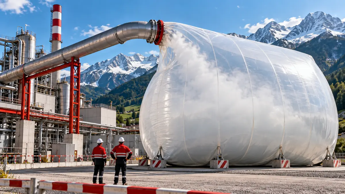 Industrieanlage pumpt Gas in einen überdimensionalen transparenten Speicherbeutel vor österreichischen Alpen