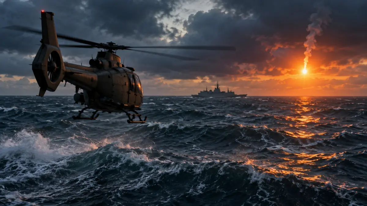 Militärhelikopter über dem Meer mit Kriegsschiff und Leuchtsignal im Hintergrund