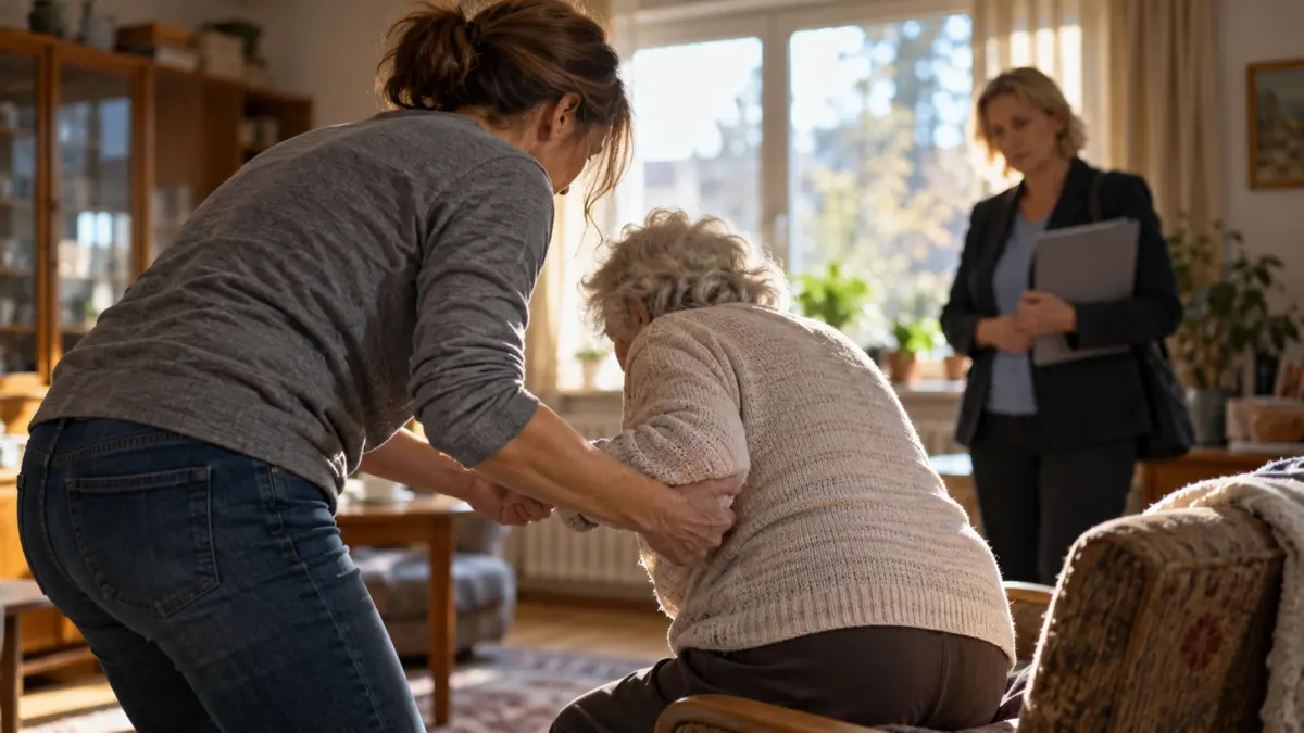Angehörige unterstützt eine pflegebedürftige Seniorin bei einer Begutachtung zu Hause