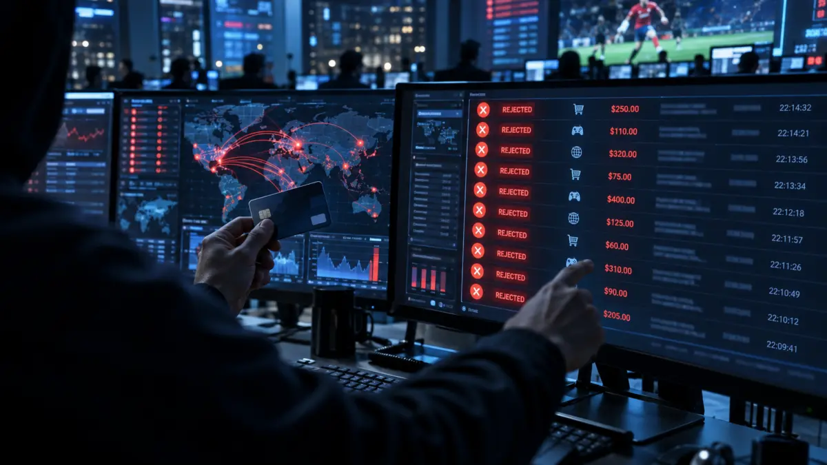 KI-Symbolbild: verdächtige Kartenzahlungen werden auf Monitoren gestoppt