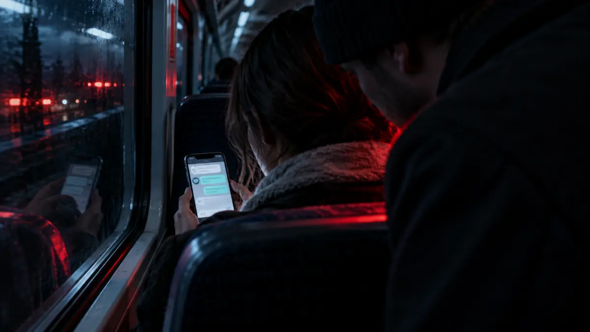 Eine Person schaut einem Smartphone-Nutzer unbemerkt über die Schulter
