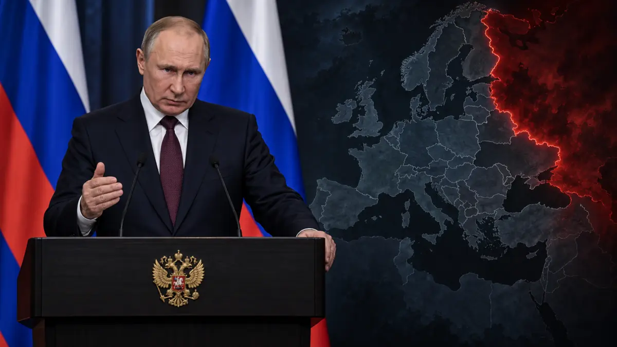 Generierte Darstellung von Wladimir Putin am Rednerpult vor russischen Fahnen und einer Europakarte