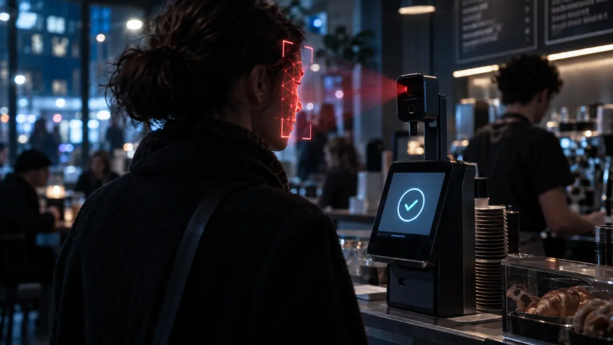 Kundin wird an einer Kaffeetheke von einem biometrischen Zahlungsterminal gescannt