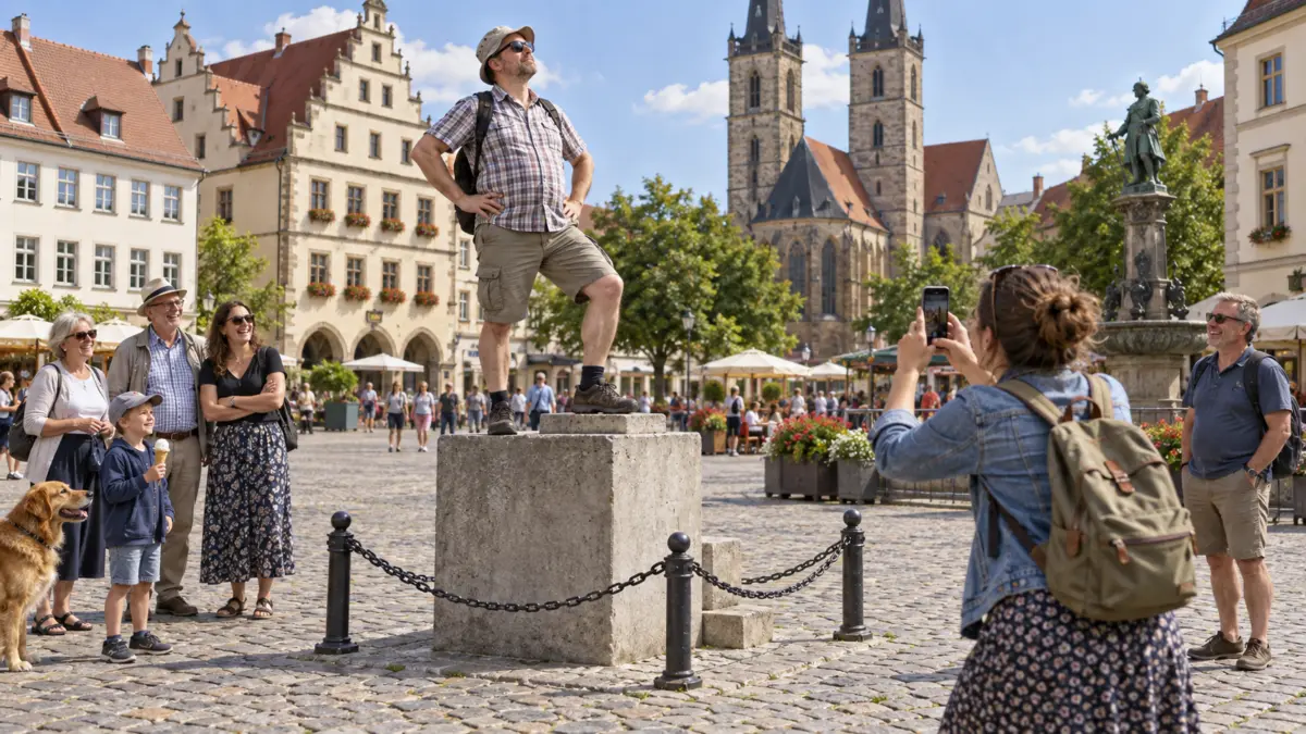 Tourist steht auf einem Betonsockel auf einem Marktplatz und wird fotografiert