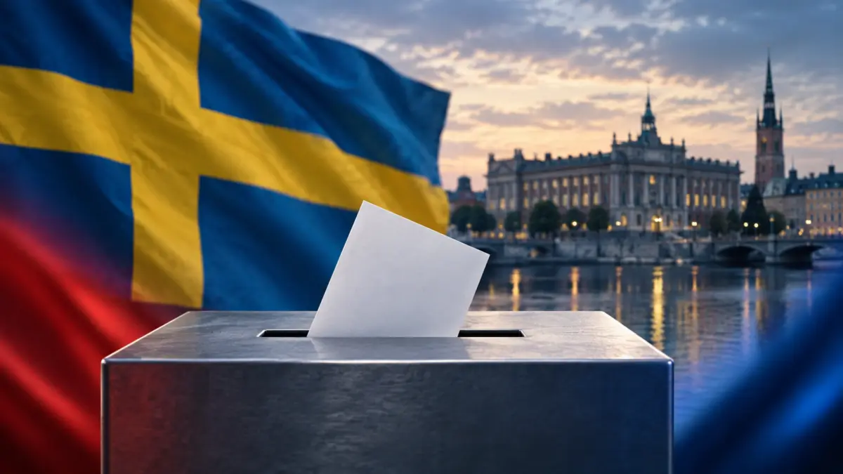 Wahlurne vor schwedischer Flagge und Parlamentskulisse