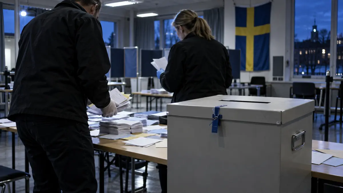 Zwei Ermittler prüfen Stimmzettel neben einer versiegelten Wahlurne in Schweden