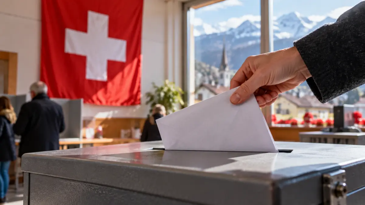 Eine Hand wirft einen Stimmumschlag in eine Schweizer Wahlurne
