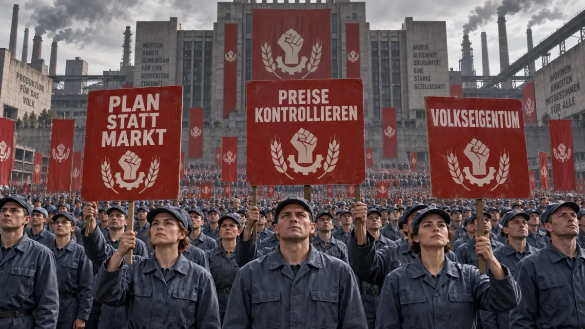 Symbolbild: Gleich gekleidete Arbeiter bei einer sozialistischen Massenkundgebung vor einer Industrieanlage