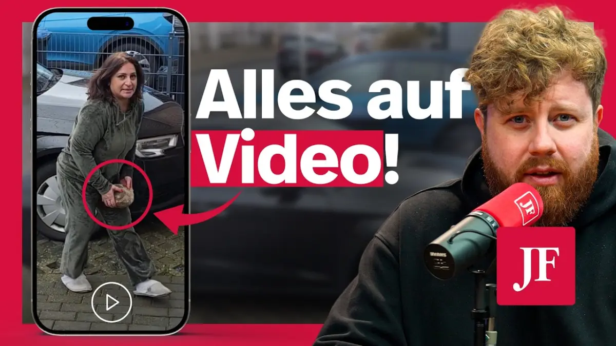Videovorschau der Jungen Freiheit mit Hülya Iri und einem Stein in der Hand