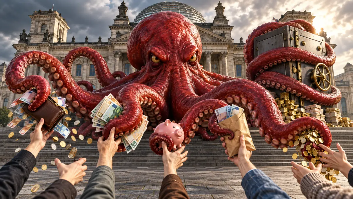 Rote Staatskrake vor dem Reichstag greift nach Geldbörse, Lohntüte und Sparschwein