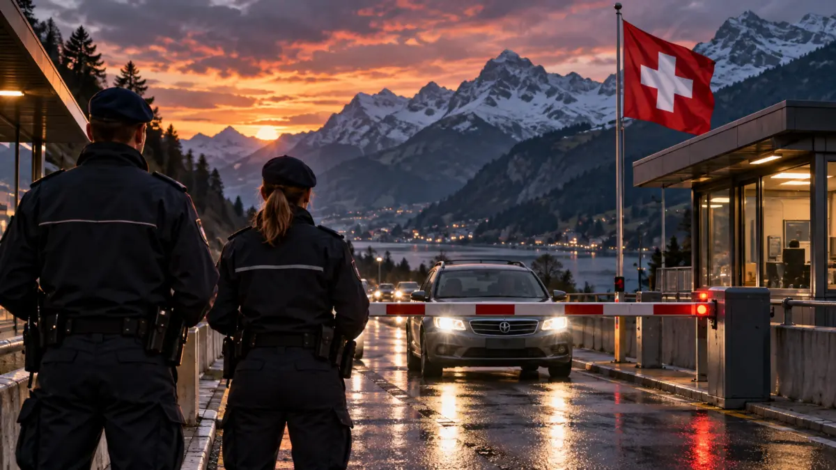 Symbolische Darstellung eines Schweizer Grenzübergangs bei Dämmerung