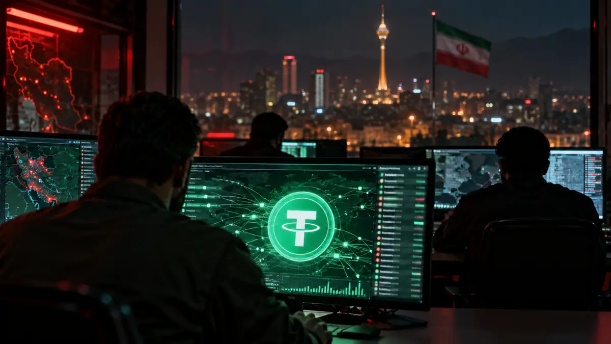 Anonyme Mitarbeiter beobachten USDT-Transaktionen vor der nächtlichen Skyline Teherans