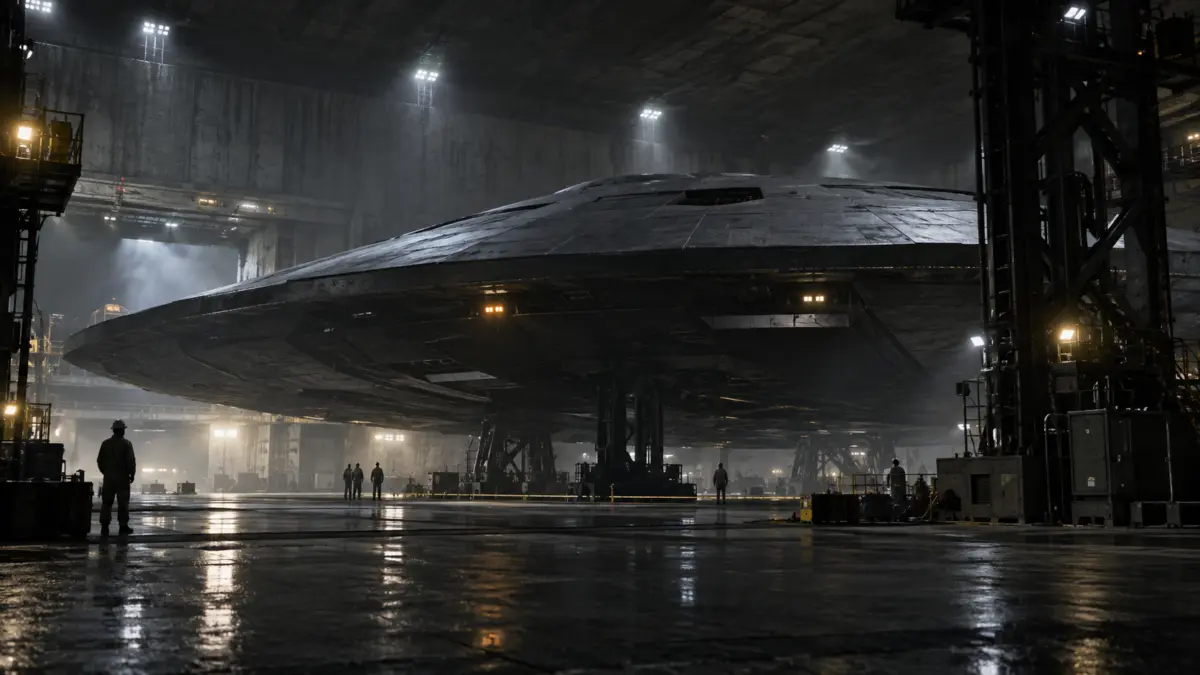 Großes unbekanntes Flugobjekt in einem abgedunkelten unterirdischen Hangar