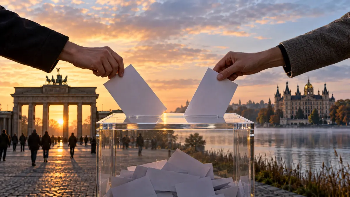 Wahlurne zwischen dem Brandenburger Tor und dem Schweriner Schloss