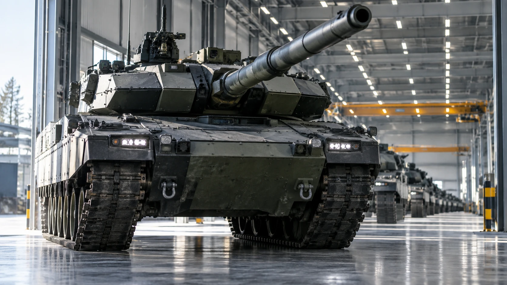 Ein moderner Kampfpanzer rollt aus einer großen Produktionshalle, weitere Panzer stehen im Hintergrund.