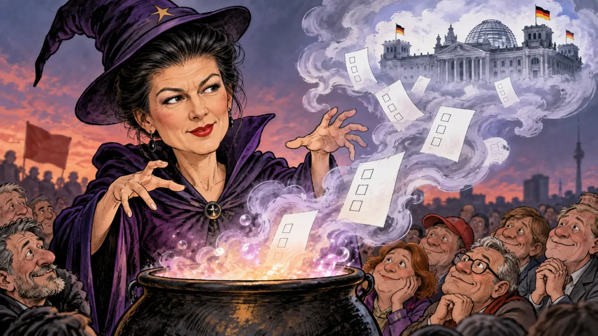 Satirische Karikatur von Sahra Wagenknecht als Hexe, die Stimmzettel aus einem Kessel beschwört