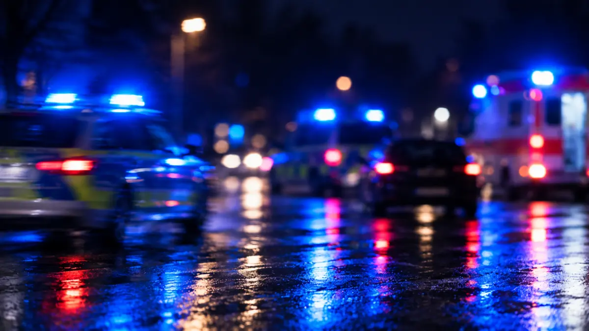 Unscharfe Einsatzfahrzeuge und Blaulicht bei Nacht