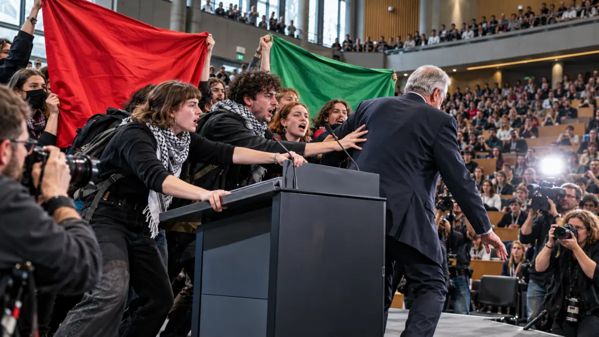 Politische Aktivisten drängen einen älteren Redner in einem Hörsaal vom Podium