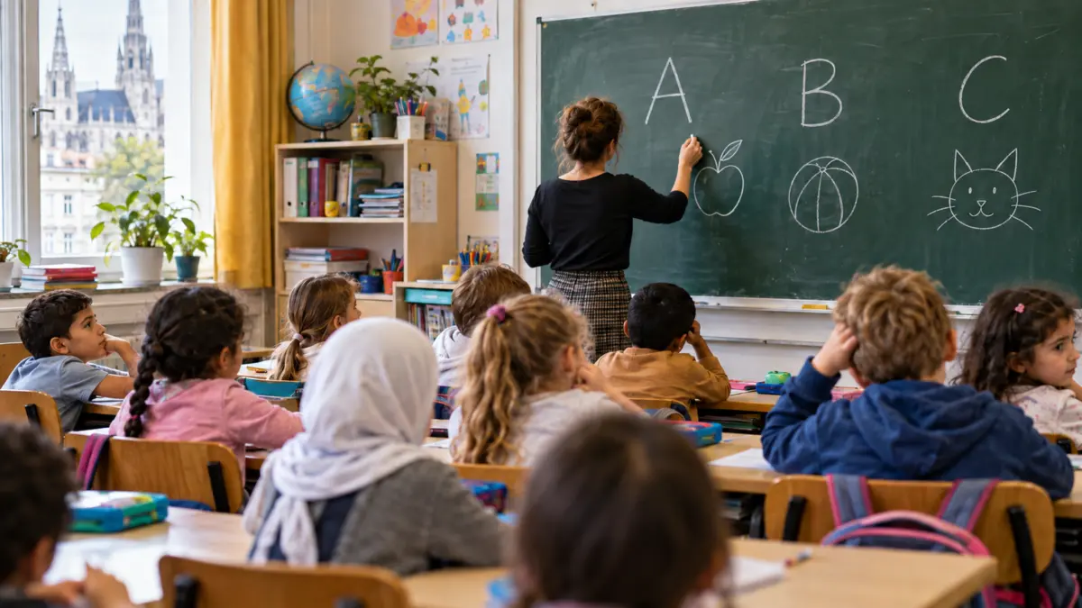Lehrerin vor einer voll besetzten Wiener Volksschulklasse beim Unterricht des Alphabets