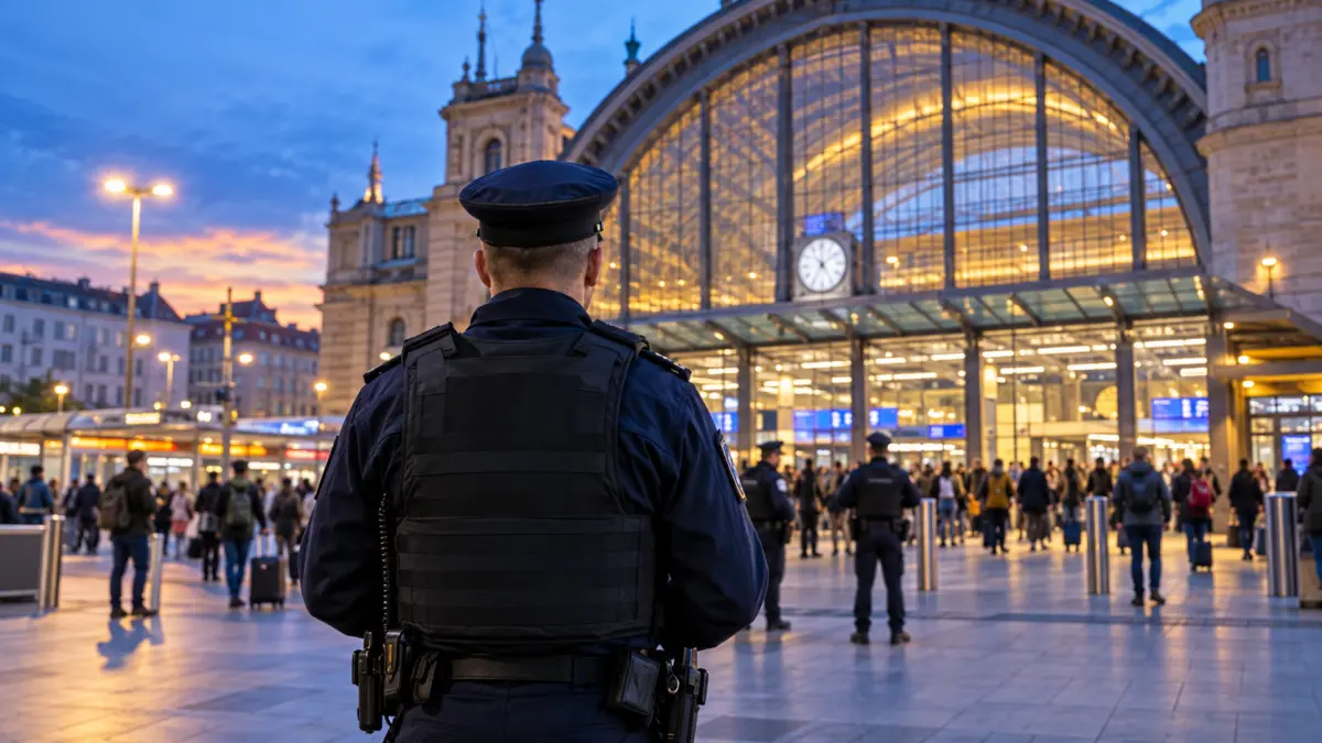 Symbolbild einer Polizeistreife vor einem Bahnhof am Abend