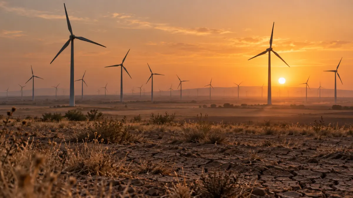 KI-Symbolbild: Windräder über einer trockenen Landschaft bei Sonnenuntergang