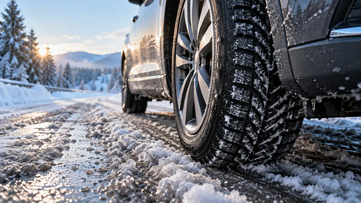 Winterreifen eines Autos auf verschneiter und matschiger Straße