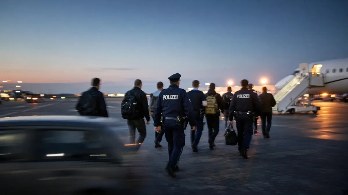 Bundespolizisten mit der Rückenaufschrift POLIZEI begleiten in der Abenddämmerung eine Gruppe Männer mit Rucksäcken über das Flughafenvorfeld zu einem Charterflugzeug, im Vordergrund ein vorbeifahrendes Auto mit Bewegungsunschärfe