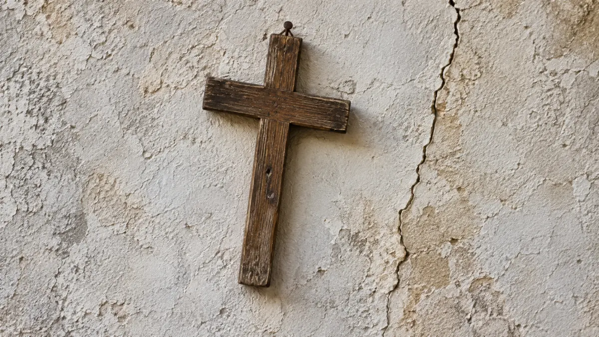 Riss in einer Putzwand neben einem schief hängenden Holzkreuz