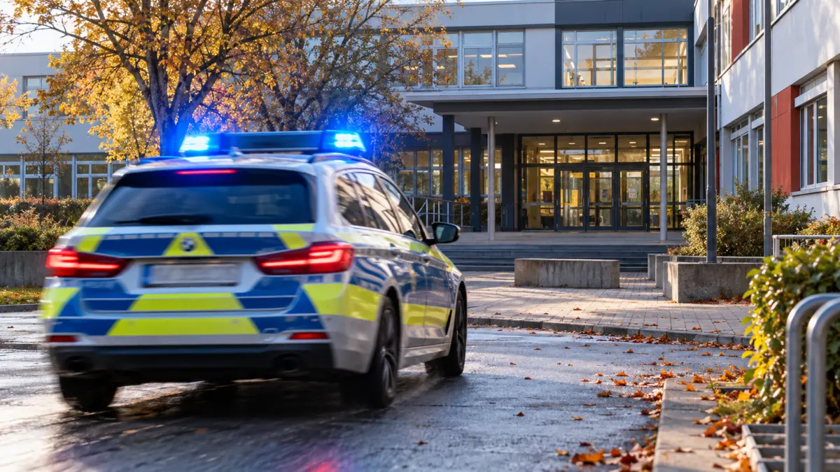 Polizeiwagen mit Blaulicht vor einem Schulgebäude
