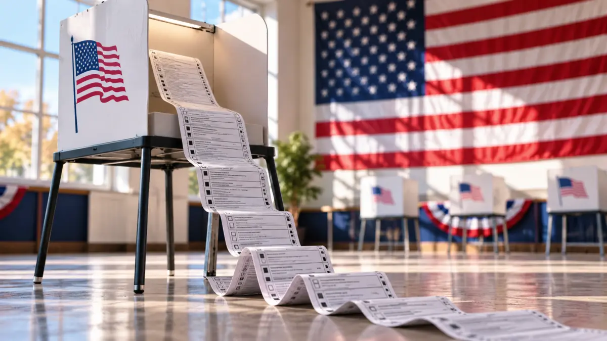 Symbolische Wahlkabine mit einem überlangen Stimmzettel vor amerikanischer Flagge
