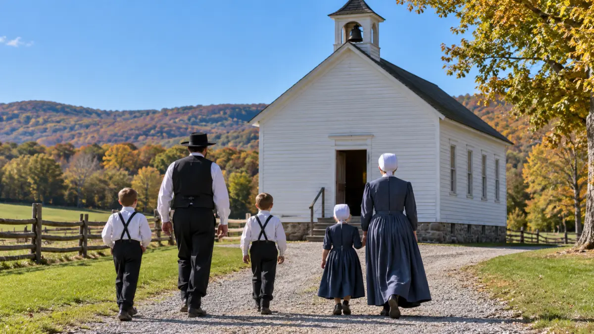 Familie der Amischen von hinten auf dem Weg zu einem ländlichen Schulhaus