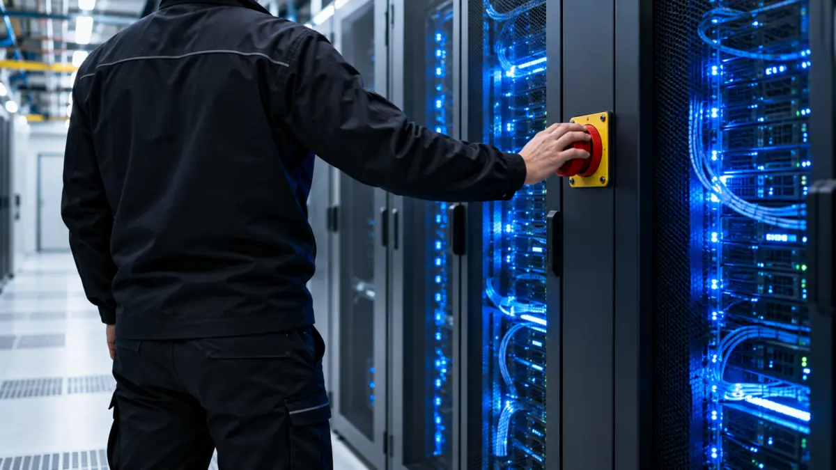 Techniker im Rechenzentrum mit der Hand am Ausschalter eines Serverschranks