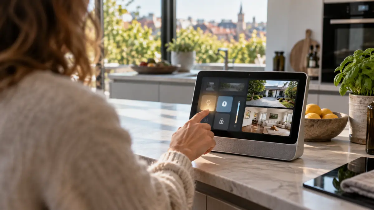 Person bedient ein Smart-Home-Display in einer Küche