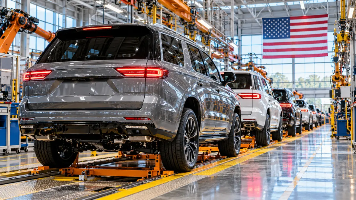 Symbolische SUV-Fertigung in einer Werkhalle mit US-Flagge