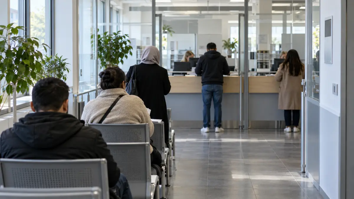 Wartebereich einer Ausländerbehörde mit Besuchern von hinten und Schaltern im Hintergrund