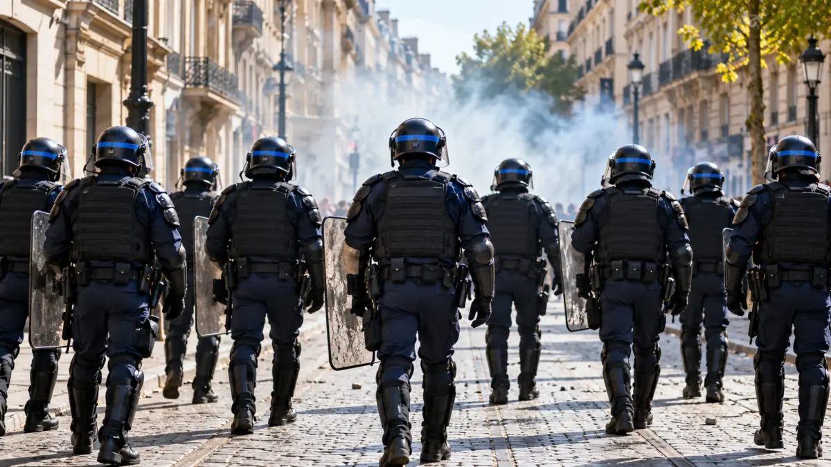 Symbolisch dargestellte Bereitschaftspolizisten auf einer europäischen Straße
