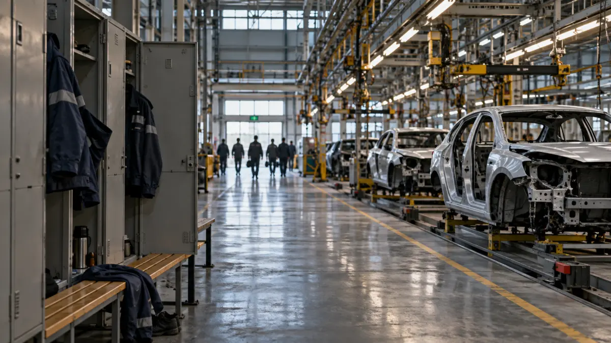 Verlassene Fertigungslinie eines Autowerks mit Arbeitern in der Ferne